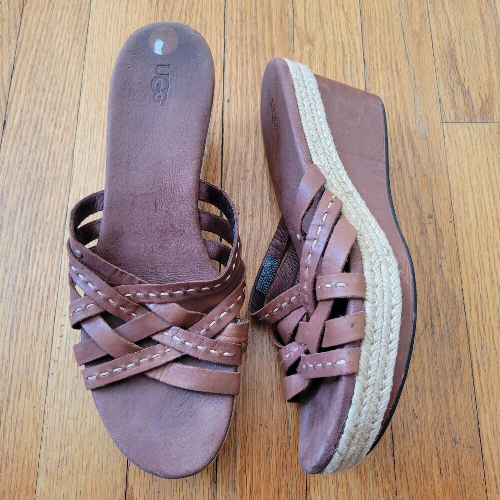UGG 11 Brown Leather Espadrille Wedge‎ Sandals Open Toe 1000479 ADDYSON